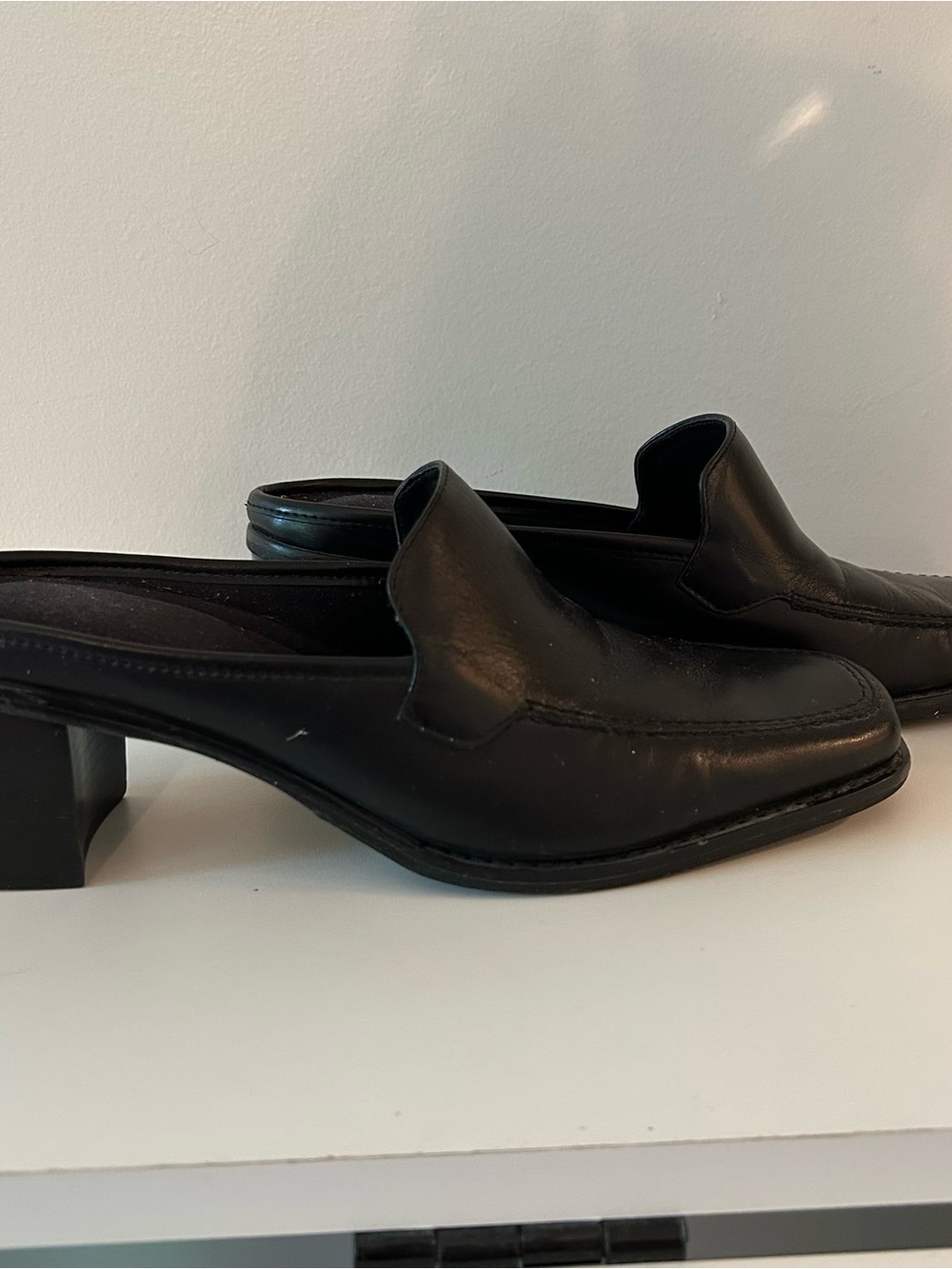 Women’s Bass Black Leather Slip-On Heel Mules 8.5